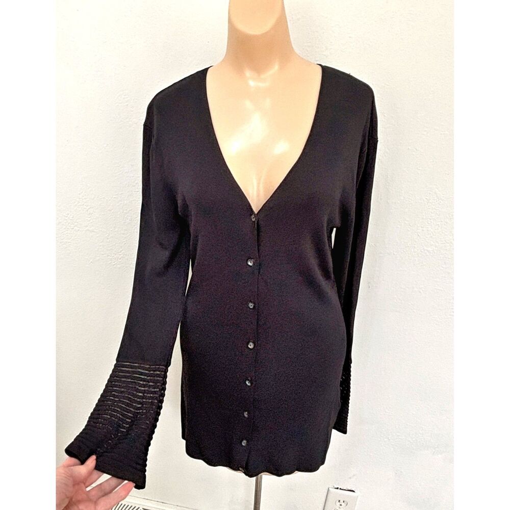 Vintage Womens Y2K Ribbed Knit Button Preppy Cardigan Medium Black Old Money